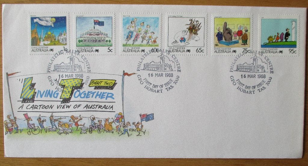 Australië, FDC serie strip Living together, 1988 (2), Verzenden, Gestempeld