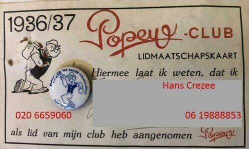 zoek doe mee popeye club lidmaatschapskaart button 1936 1937, Ophalen of Verzenden, Betty Boop, Gebruikt, Plaatje, Poster of Sticker