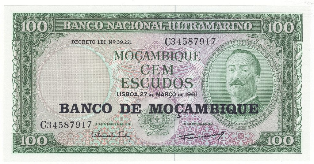 24-2737 Mozambique 100 escudo 1961, Postzegels en Munten, Ophalen of Verzenden, Overige landen, Los biljet