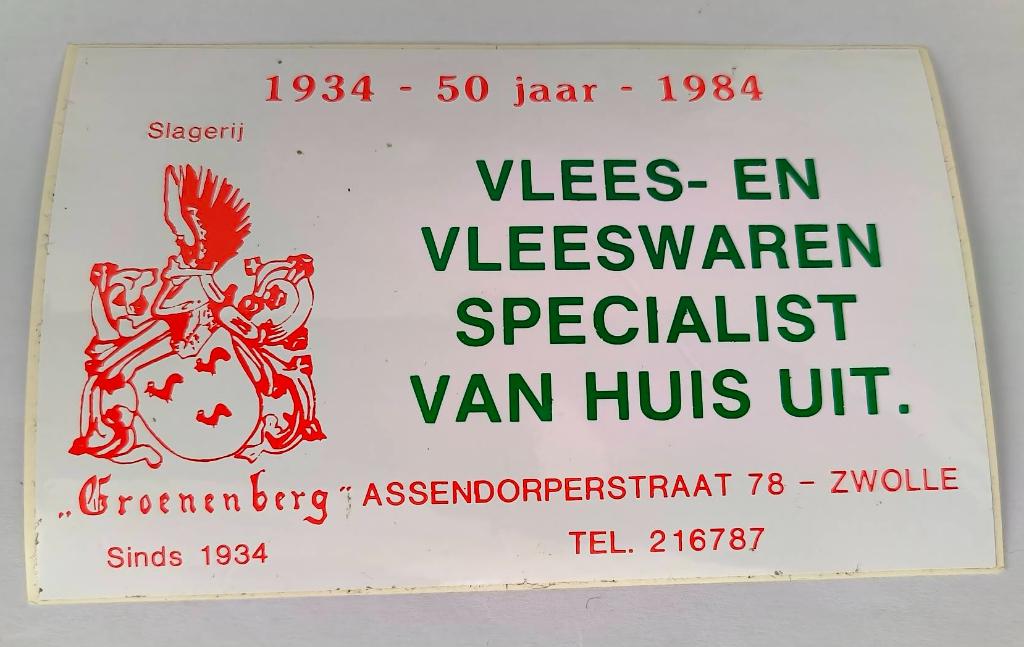 Sticker Groenenberg vlees en vleeswaren Zwolle 1980, Ophalen of Verzenden, Zo goed als nieuw, Bedrijf of Vereniging