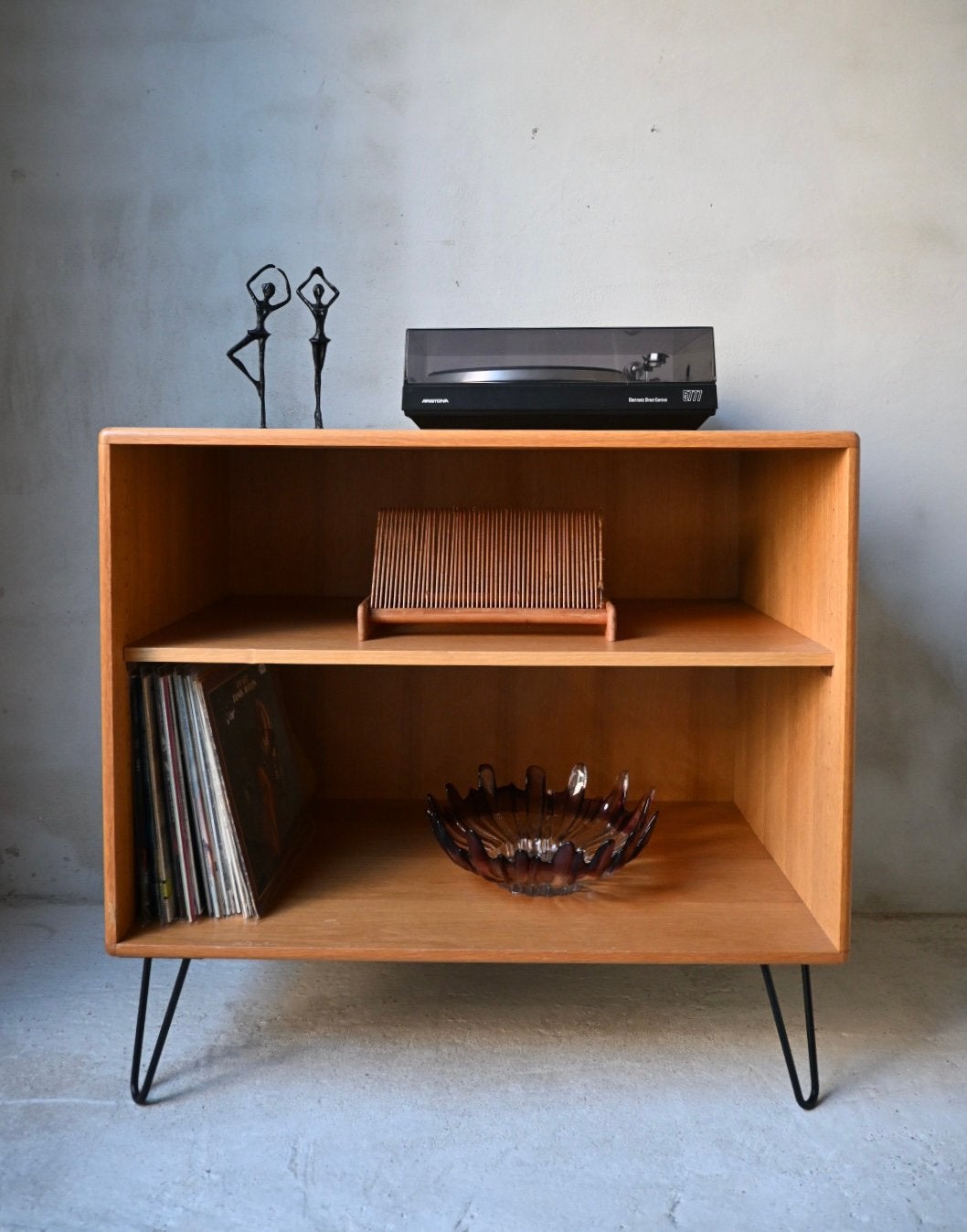 Vintage eiken fineer lp kast/boekenkast/open kast, Huis en Inrichting, Kasten | Boekenkasten, Zo goed als nieuw, 50 tot 100 cm