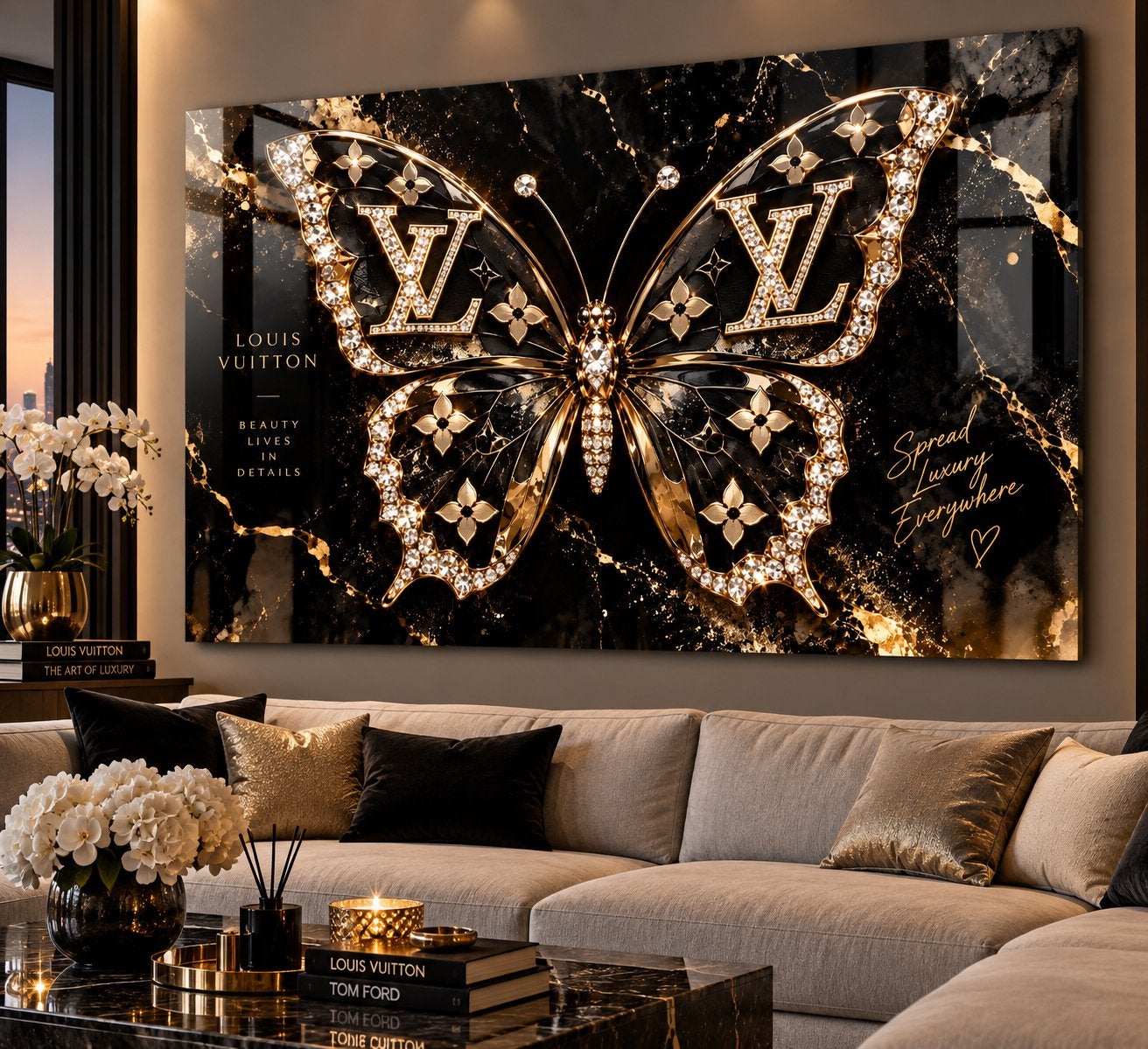 Luxe Louis Vuitton Vlinder Schilderij - 120x80cm, Huis en Inrichting, Nieuw, Ophalen of Verzenden, Schilderij, 100 tot 125 cm