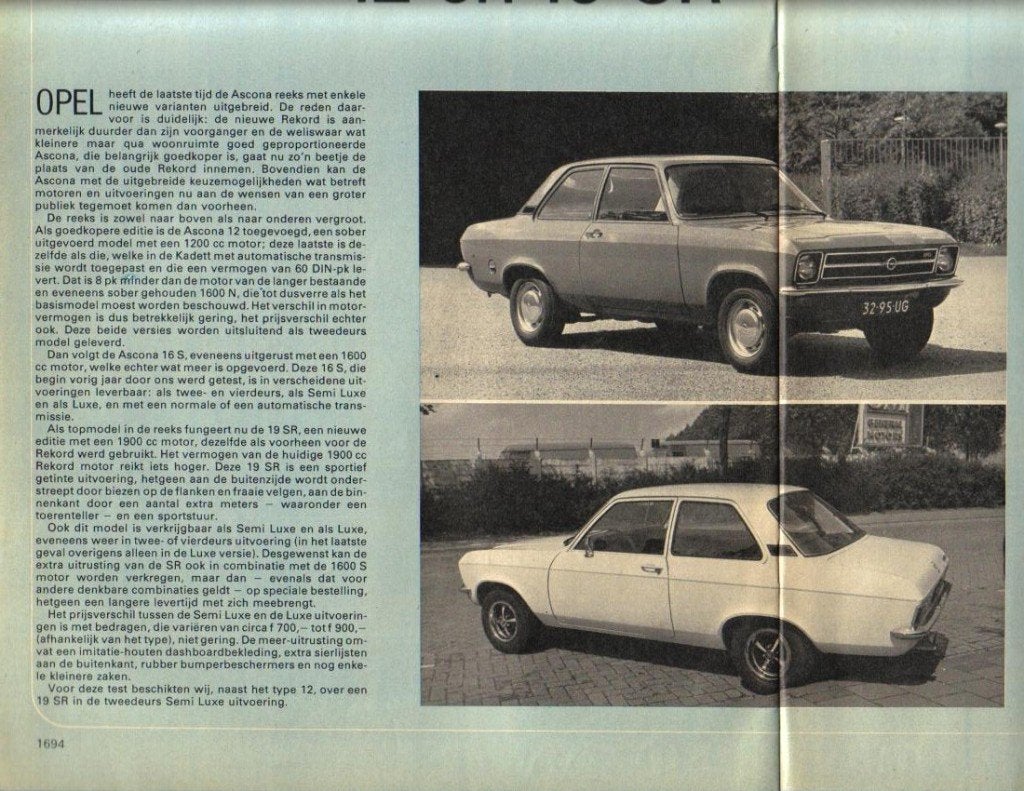 Autokampioen dubbeltest Opel Ascona 1200 en 1900 SR 1972, Ophalen of Verzenden, Gelezen, Opel