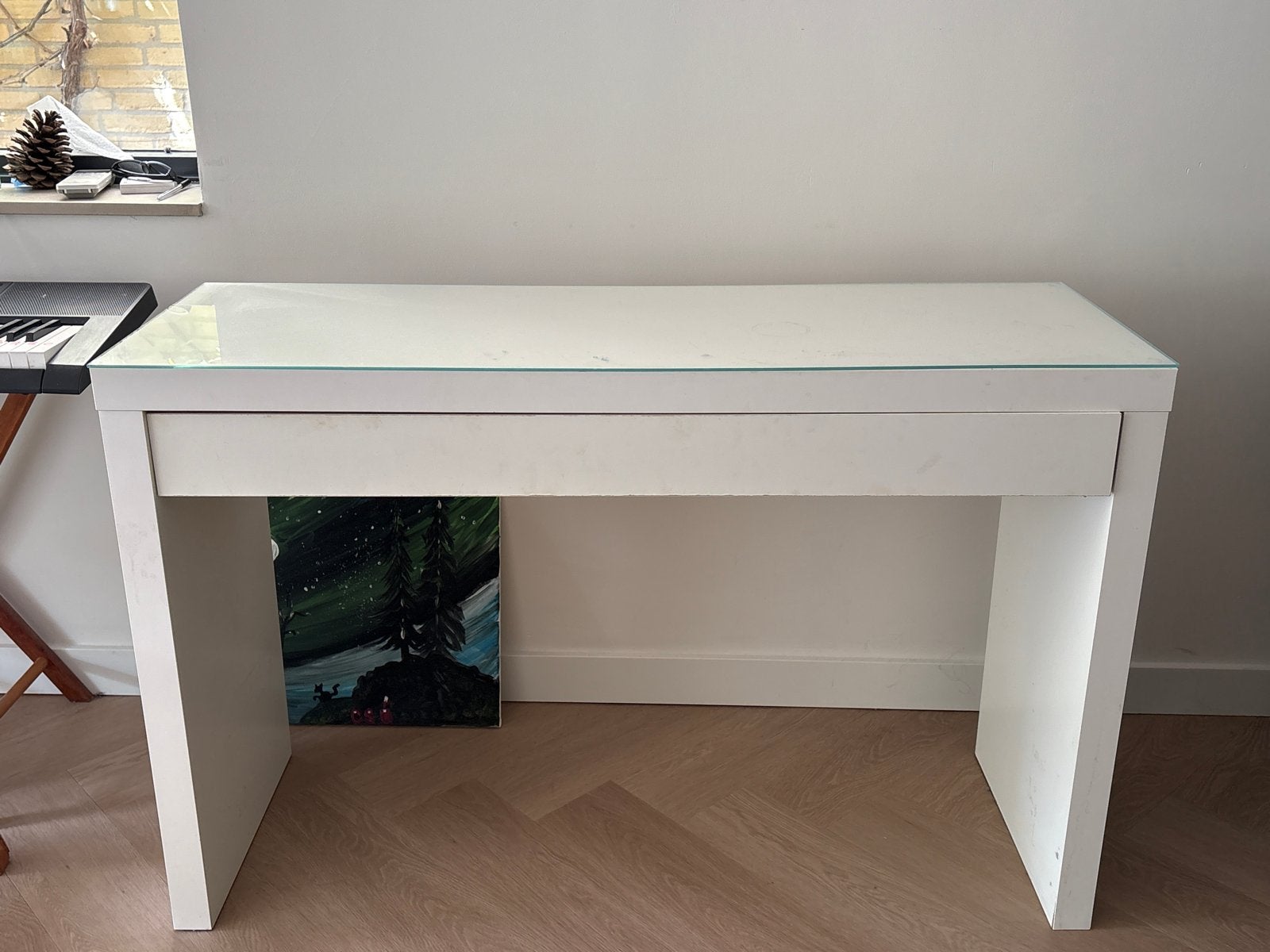 Wit make up tafel met lade en glazen blad, Ophalen, Overige typen, Gebruikt, 120 cm