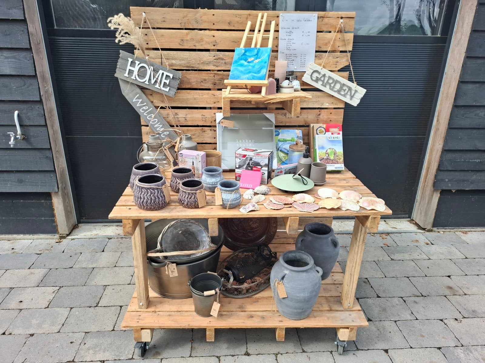 Houten displayrek op wielen - Perfect voor winkel of tuin, Tuin en Terras, Bloembakken en Plantenbakken, Ophalen, Gebruikt, 100 cm of meer