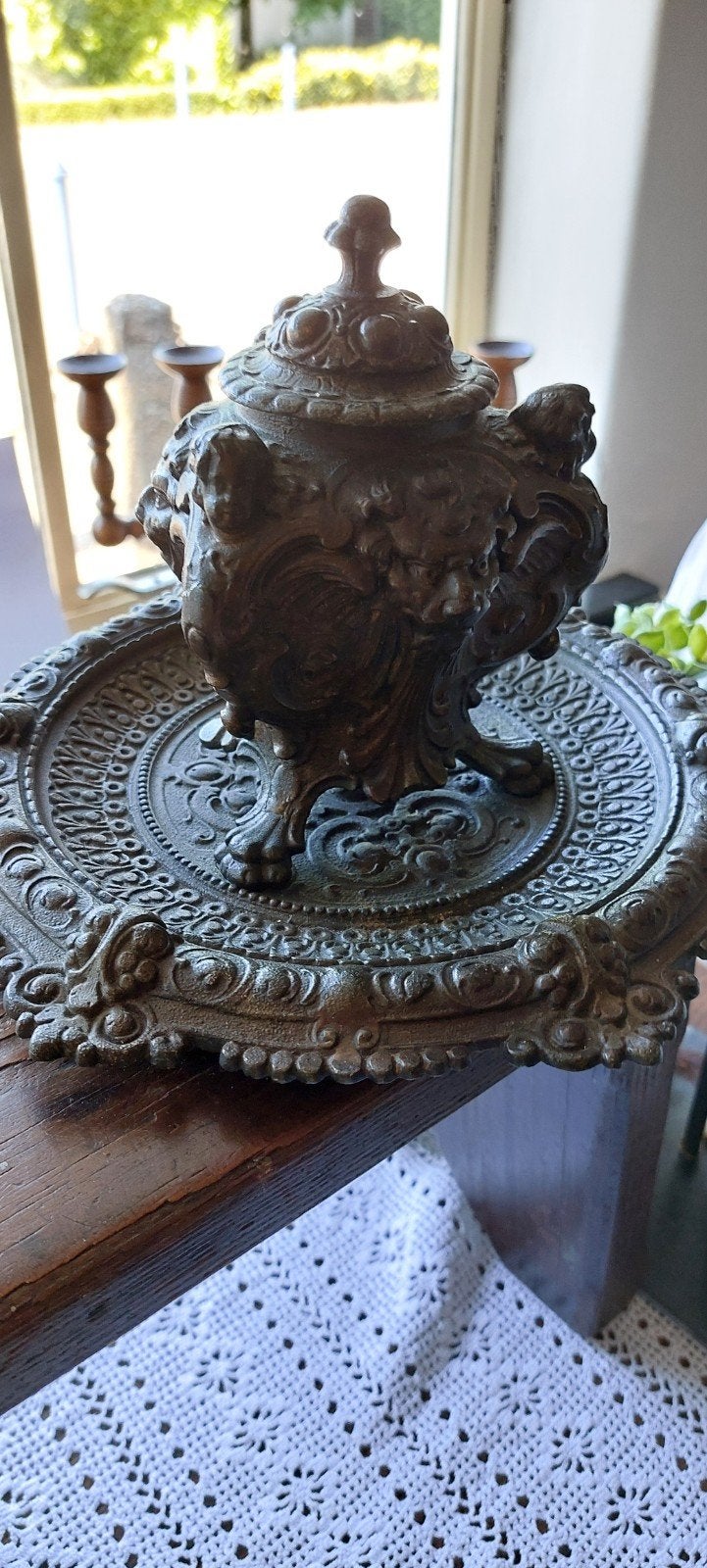 Bronzen inktpot met engelen- en leeuwenkopdecoratie, Ophalen of Verzenden
