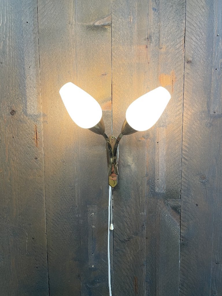 dubbele wandlamp messing jaren’50 –’60 vintage, Met schakelaar, Gebruikt, E14 (klein), Ophalen of Verzenden