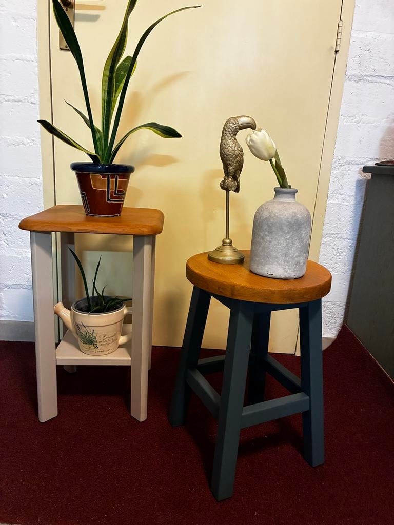 Twee plantentafeltjes, Minder dan 55 cm, Rond, Gerestyled, Zo goed als nieuw
