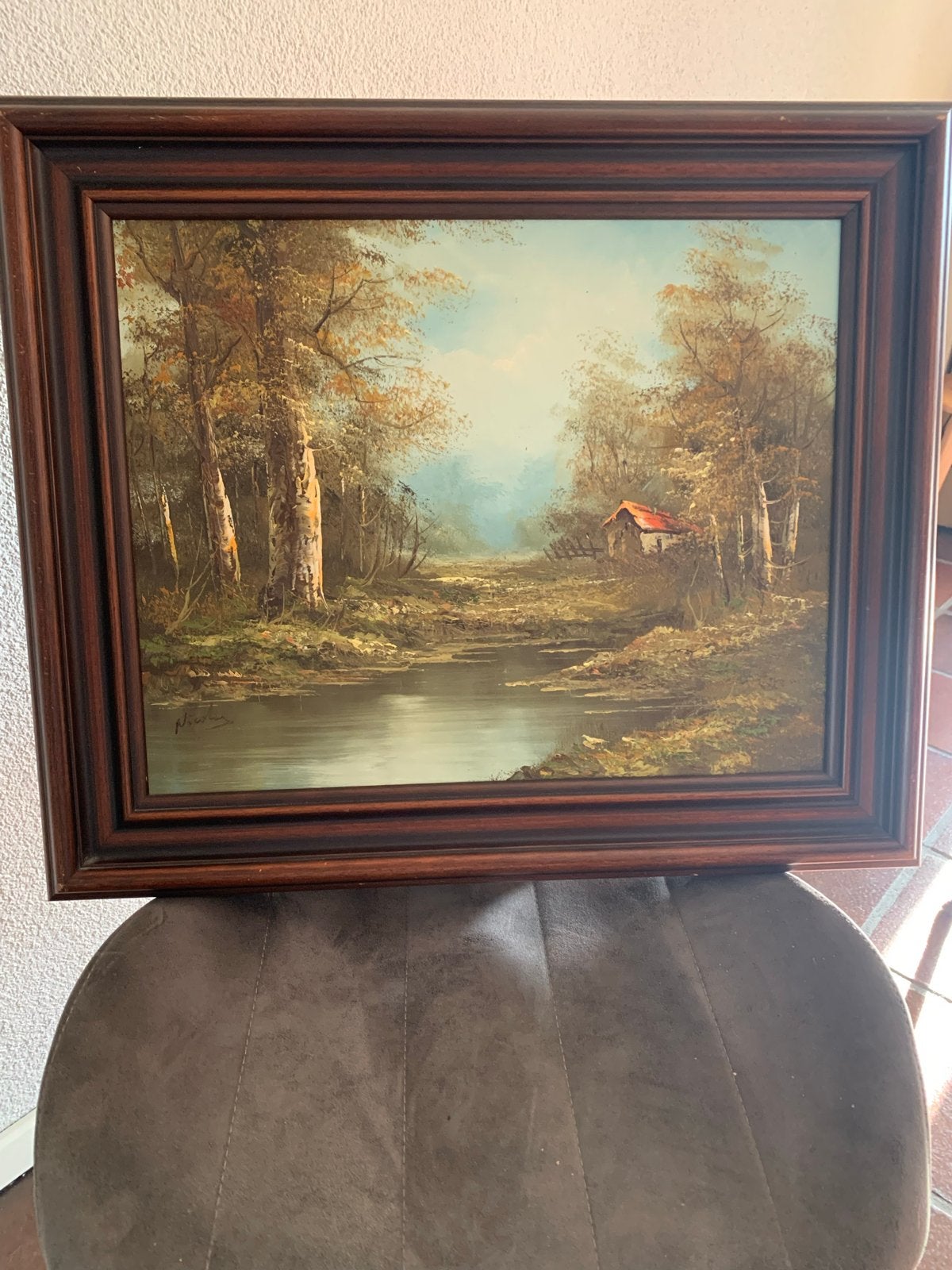 Schilderij: Boslandschap met rivier en huisje, gesigneerd, Doek, Realistisch, Ophalen of Verzenden, Gesigneerd