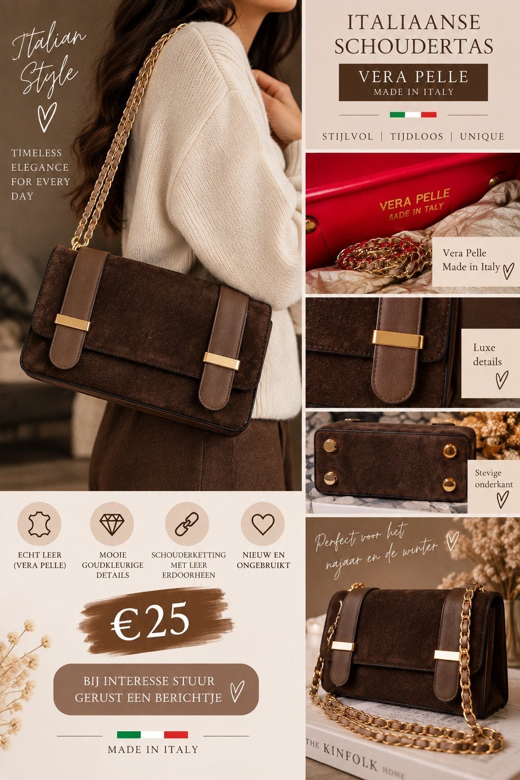 Nieuwe Vera Pelle Schoudertas - Echt Leer & Suède, Sieraden, Tassen en Uiterlijk, Ophalen of Verzenden, Nieuw, Bruin, Schoudertasje