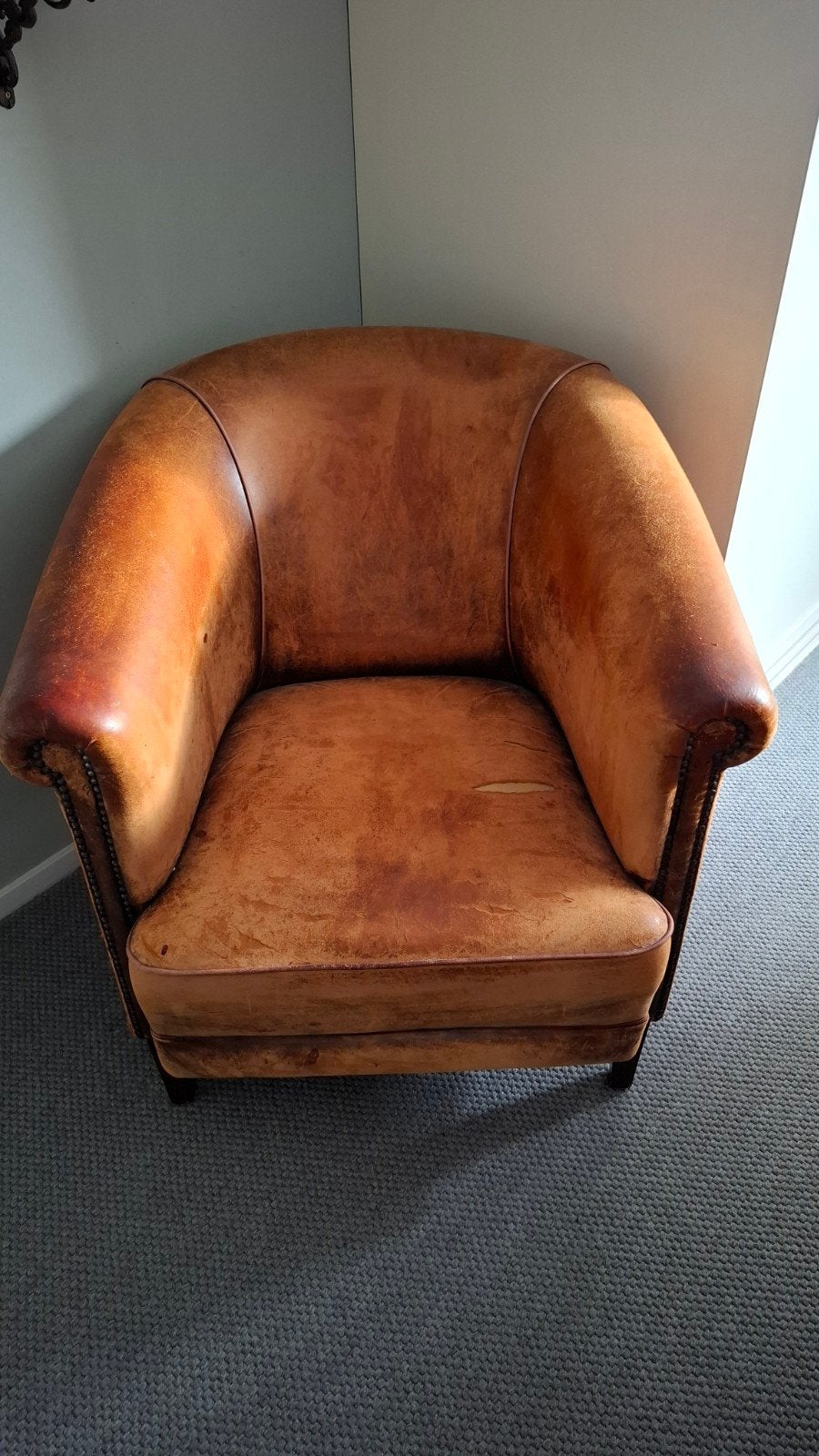 Vintage Leren Fauteuil - Cognac Kleur, Ophalen, Gebruikt, 75 tot 100 cm, 75 tot 100 cm