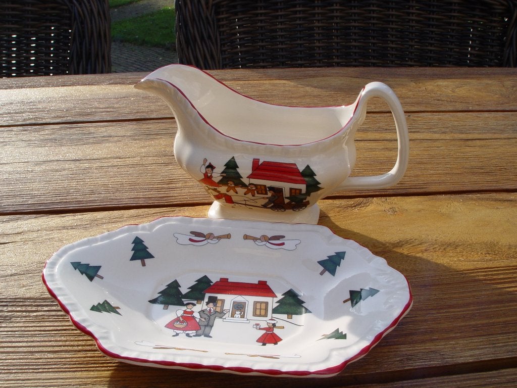 Masons mason christmas village kerst sauskom met schotel, Overige typen, Ophalen of Verzenden, Zo goed als nieuw, Overige stijlen
