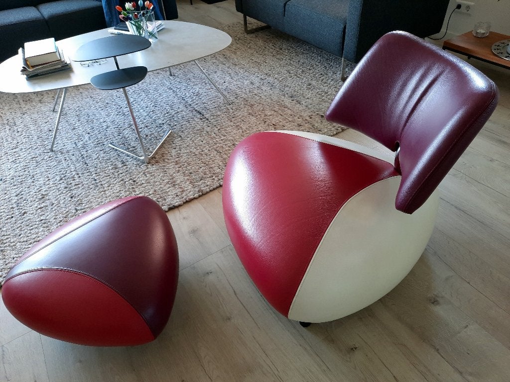 LEOLUX PALLONE PA fauteuil + poef, Senso leer, nieuwstaat, Ophalen, Design, klassiek, modern, Minder dan 75 cm, Leer