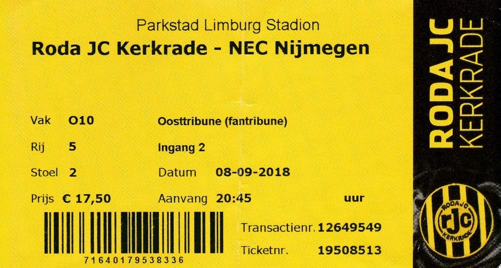 Ticket:RODA JC v NEC NIjmegen 08-09-2018., Verzenden, Zo goed als nieuw, Overige binnenlandse clubs, Overige typen