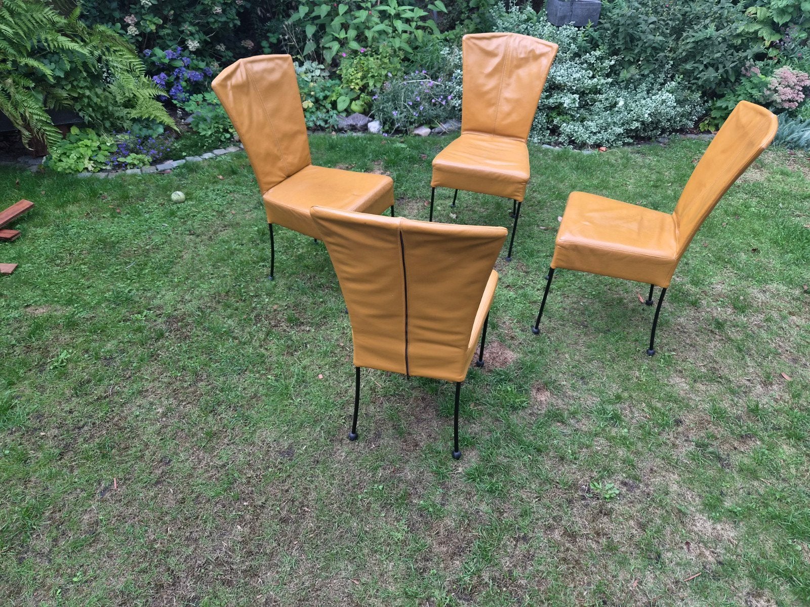 Set van 4 okergele lederen eetkamerstoelen - Gebruikt, Ophalen, Gebruikt, Vier, Modern