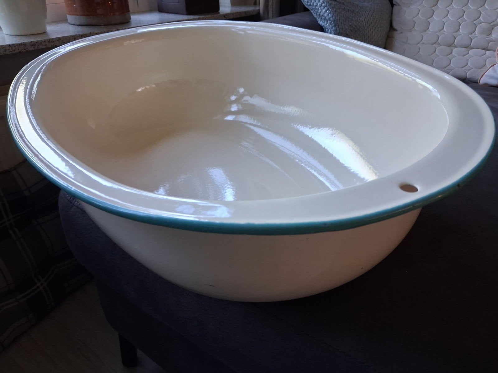 Vintage Emaille Kinderbadje - Crème met Groene Rand, Antiek en Kunst, Ophalen of Verzenden