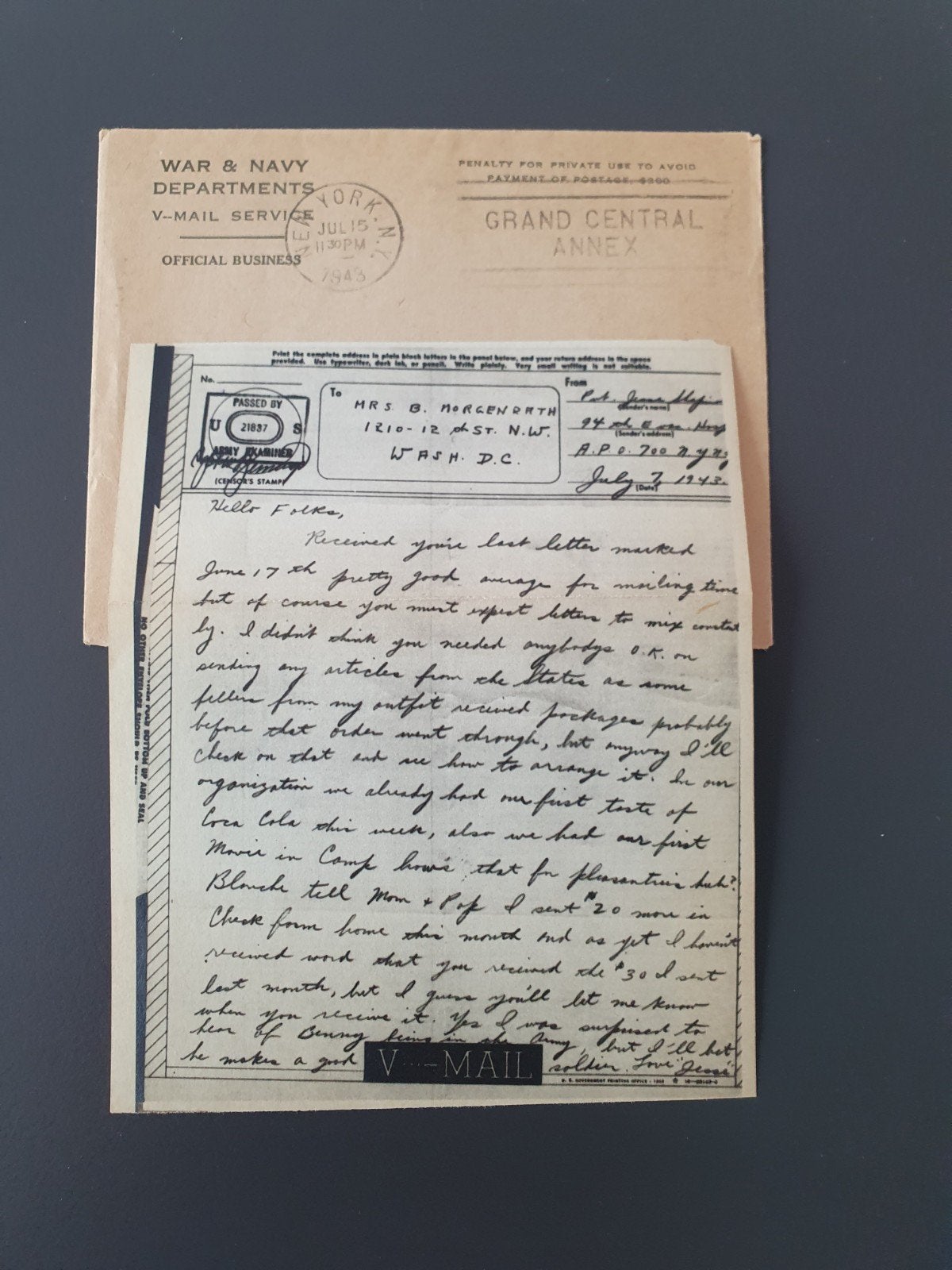 Originele V-Mail uit WOII - 1943, Ophalen of Verzenden