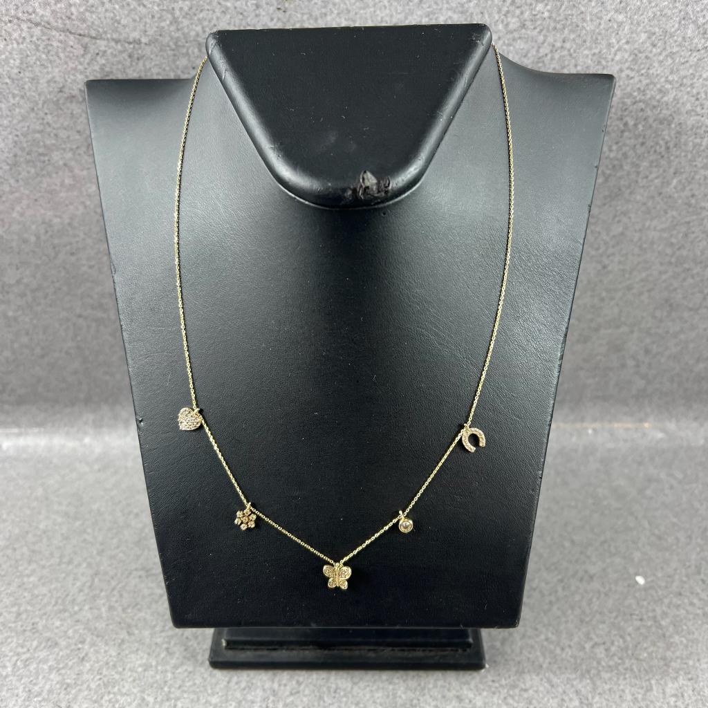 Gouden Ketting | 14k | 2,94g | met 5 bedels | 42cm | 408968, Sieraden, Tassen en Uiterlijk, Kettingen, Met hanger, Gebruikt, Ophalen of Verzenden