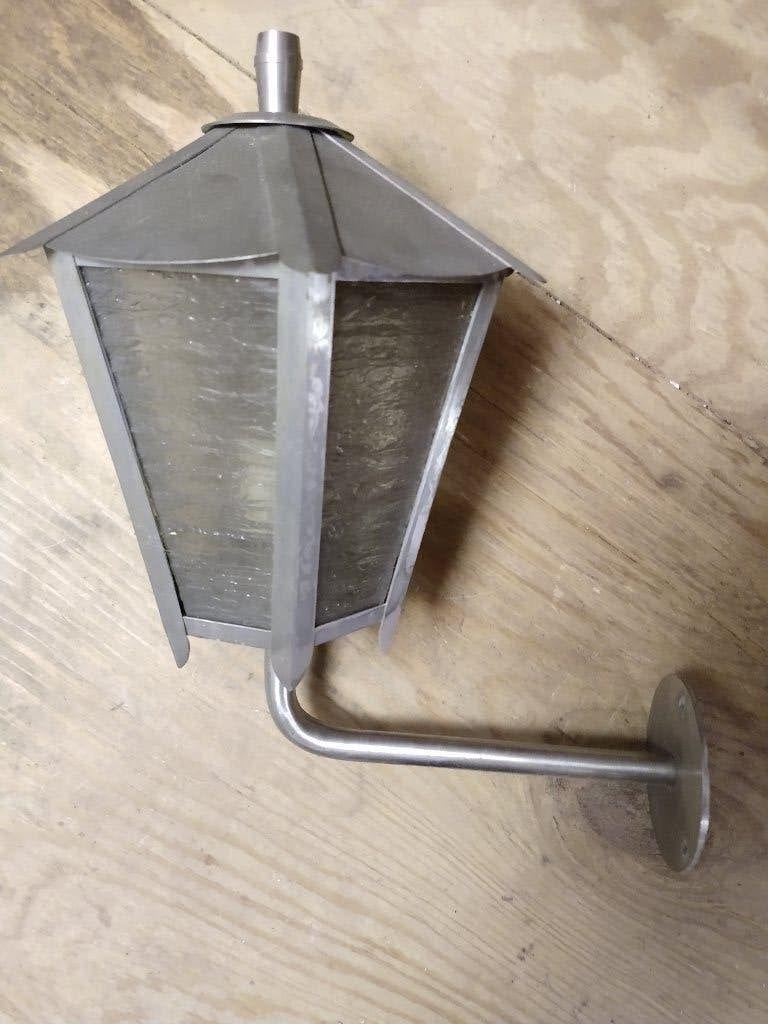 Buitenlantaarn roestvrij staal met sierglas.hoog 35 cm en br, Ophalen of Verzenden, Zo goed als nieuw