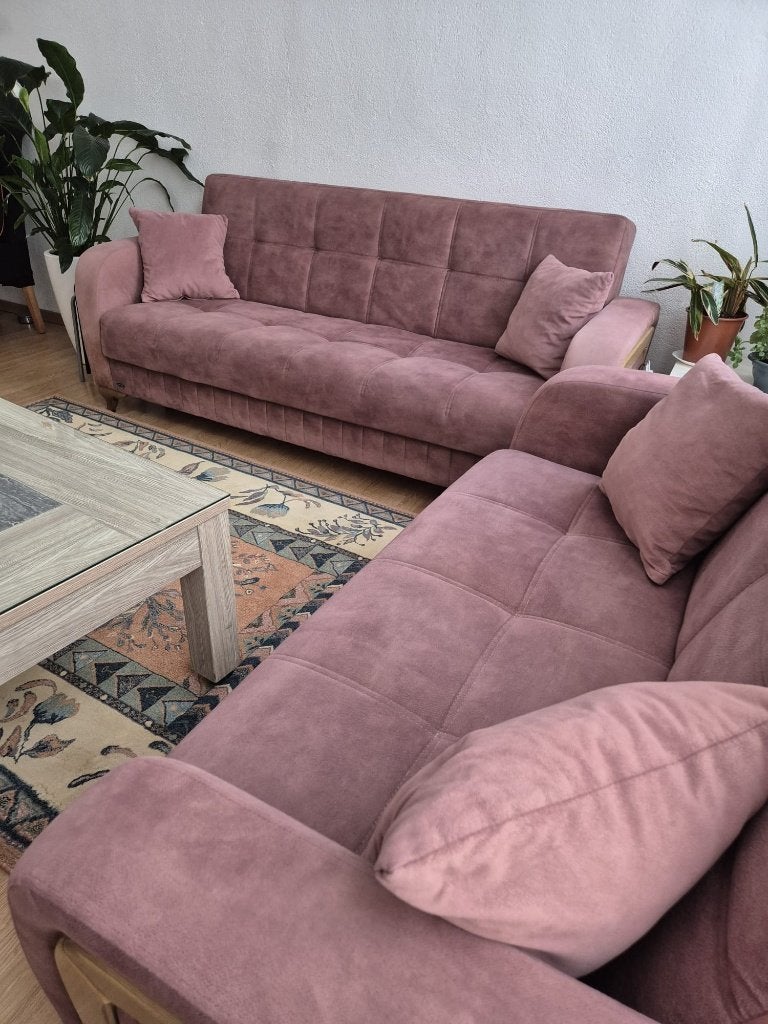 Bankstel: 2-zits en 3-zits bank in bruin roze stof, Ophalen, Gebruikt, Driepersoons, 75 tot 100 cm