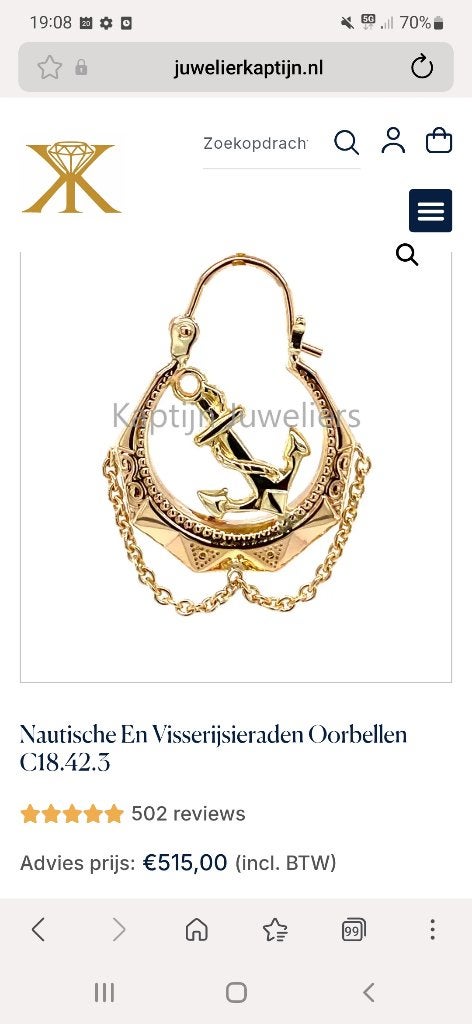 Urk oorbel 18 mm anker met ketting 14 karaat goud visserij, Ophalen, Hangers, Zo goed als nieuw, Goud