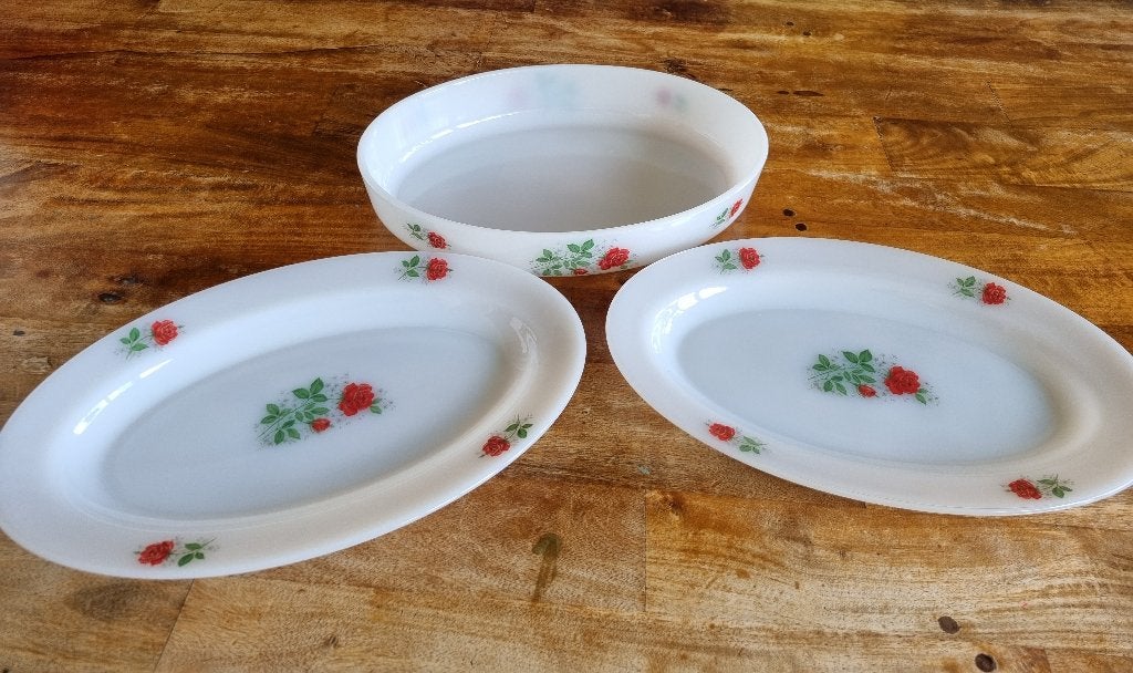 Vintage Arcopal serveerschalen | Wit melkglas met rode rozen, Gebruikt, Overige merken, Vintage, Ophalen of Verzenden