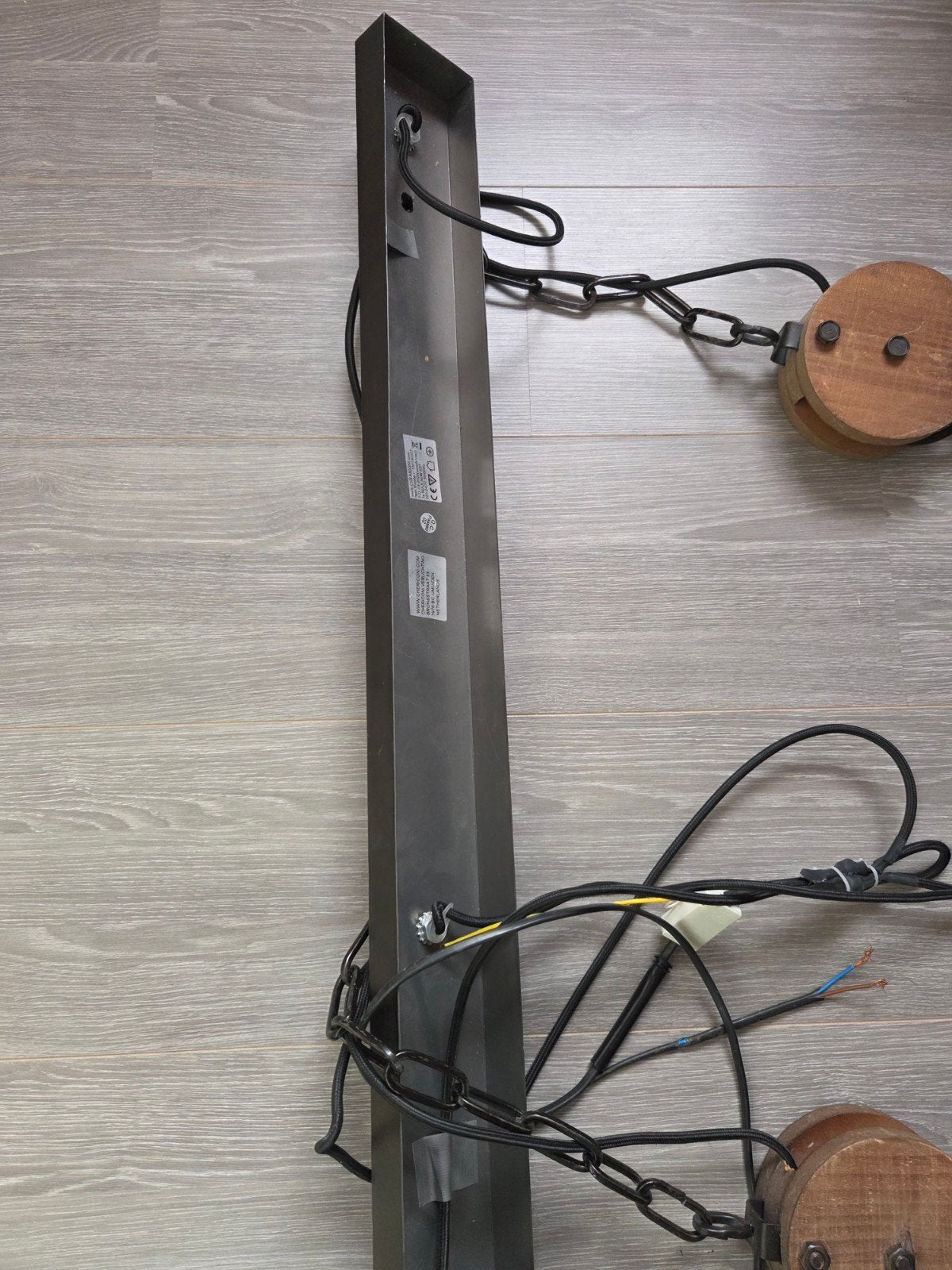 Industriële hanglamp met 3 kooilampen en houten katrollen, Gebruikt, Industrieel, Hout, E27 (groot)