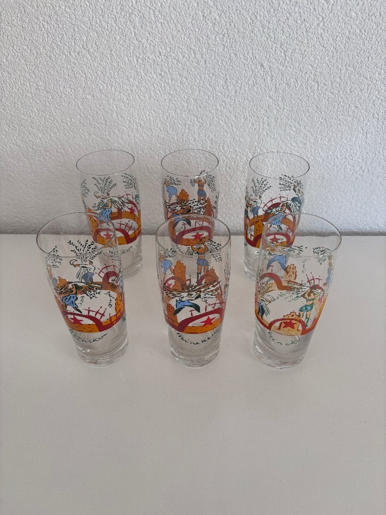 Complete Set, 6 Vintage Heineken Art Collection Glazen ' 90, Verzamelen, Biermerken, Gebruikt, Glas of Glazen, Heineken, Ophalen