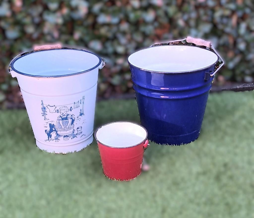 Emaille emmers, blauw, met afbeelding, rood voor decoratie, Ophalen