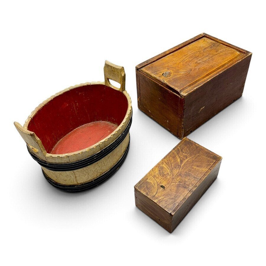 Lot houten objecten (3x), o.a. gekuipt bakje, Ophalen of Verzenden