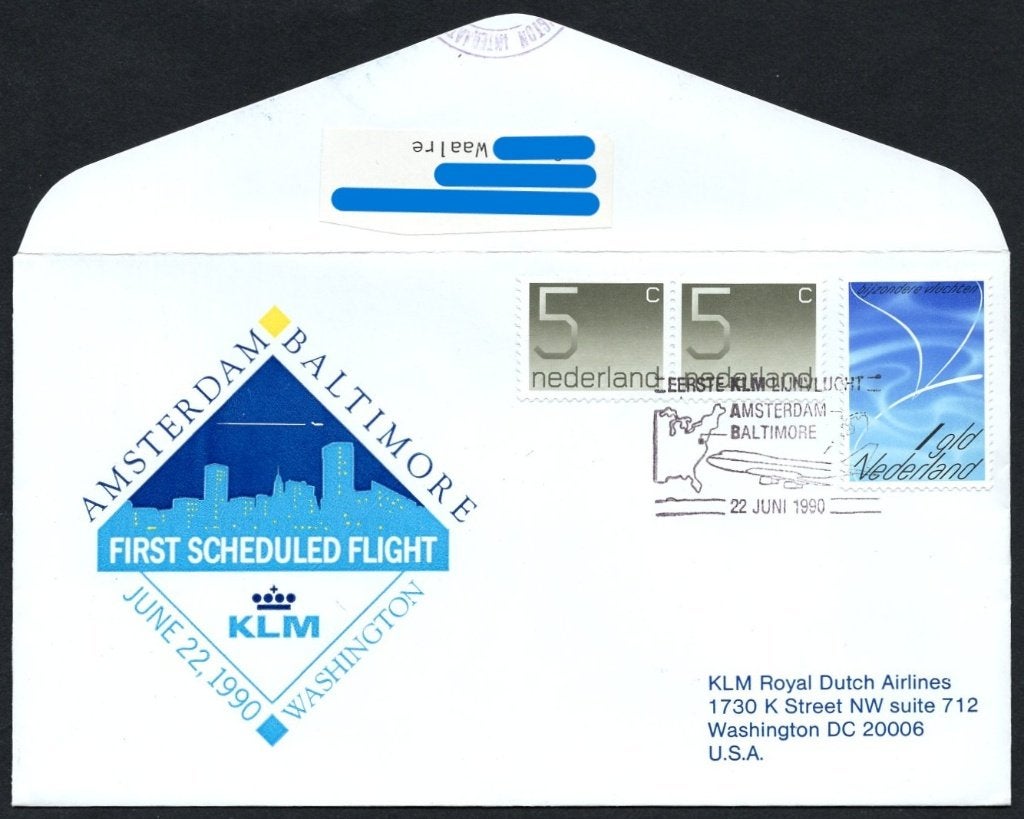 1e KLM vlucht Baltimore USA 1990, Verzenden, Envelop