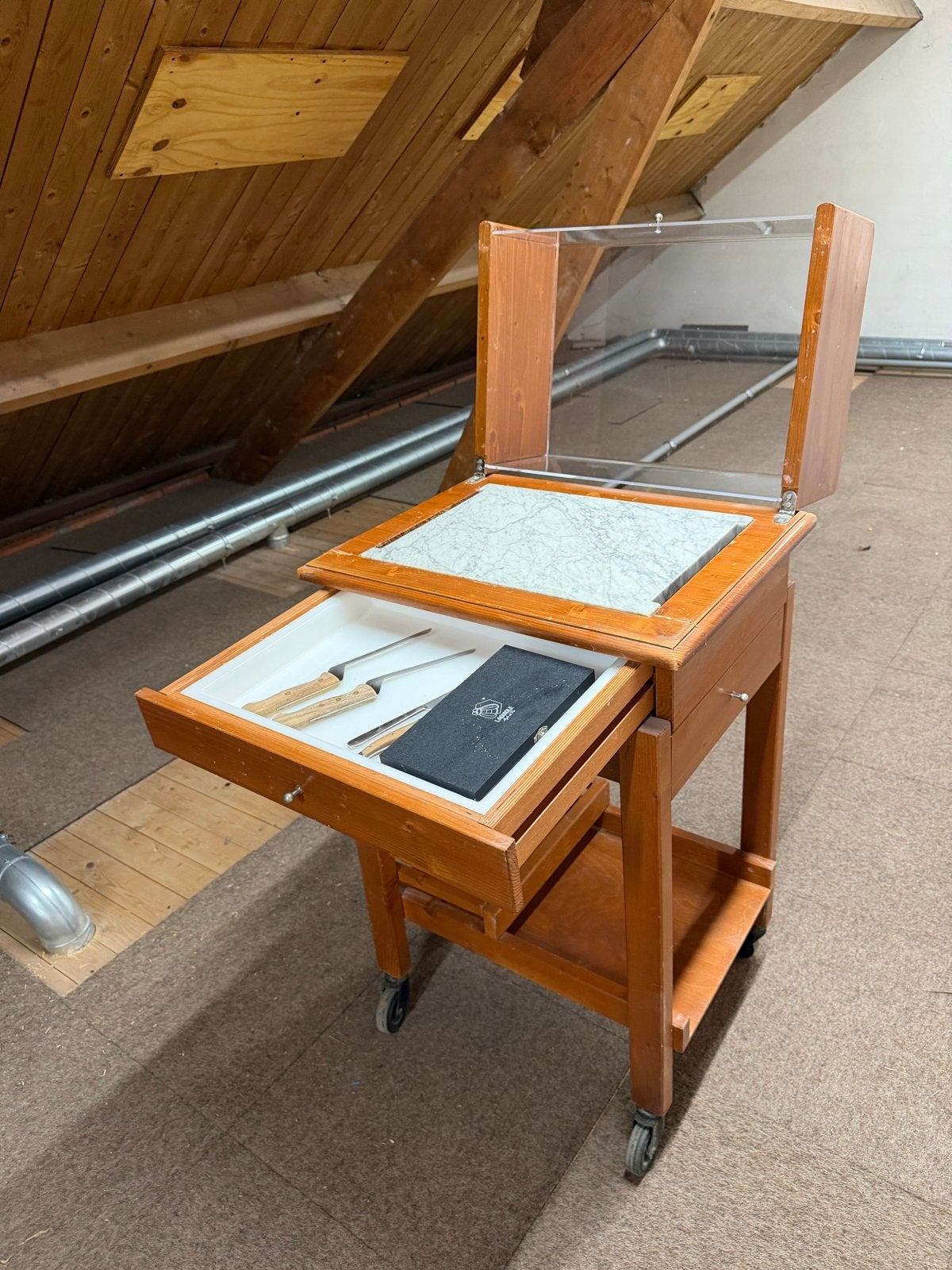 Vintage Houten/marmeren kaaswagen met Vitrine en Lade, Ophalen, Overige typen, Hout, Zo goed als nieuw