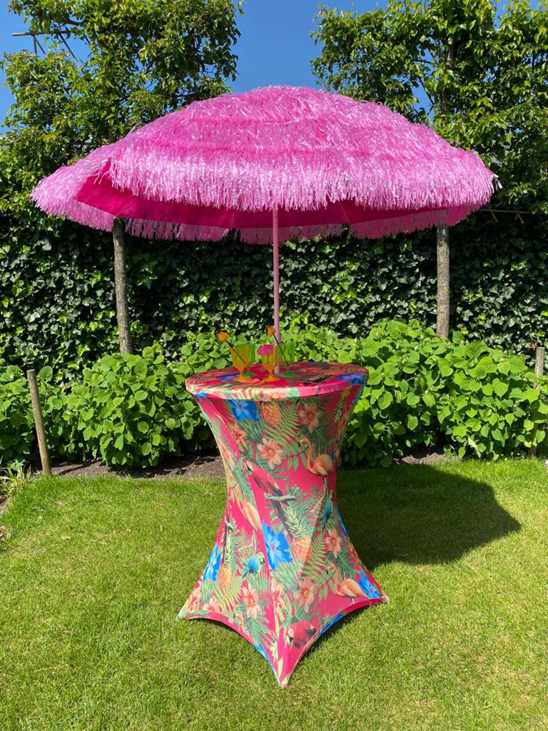 Raffia parasol met statafel en hoes huren 12,50 set huur, Ophalen, Zo goed als nieuw