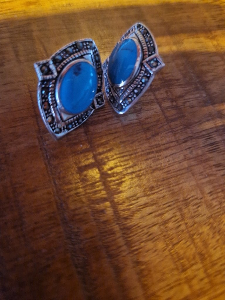 Antieke, zilveren oorbellen met turquoise en markasietjes