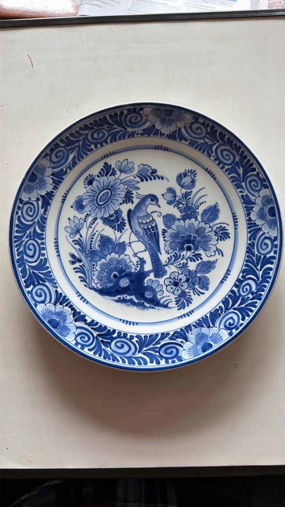 Antiek Delfts Blauw Bord met Vogel en Bloemen, Ophalen of Verzenden