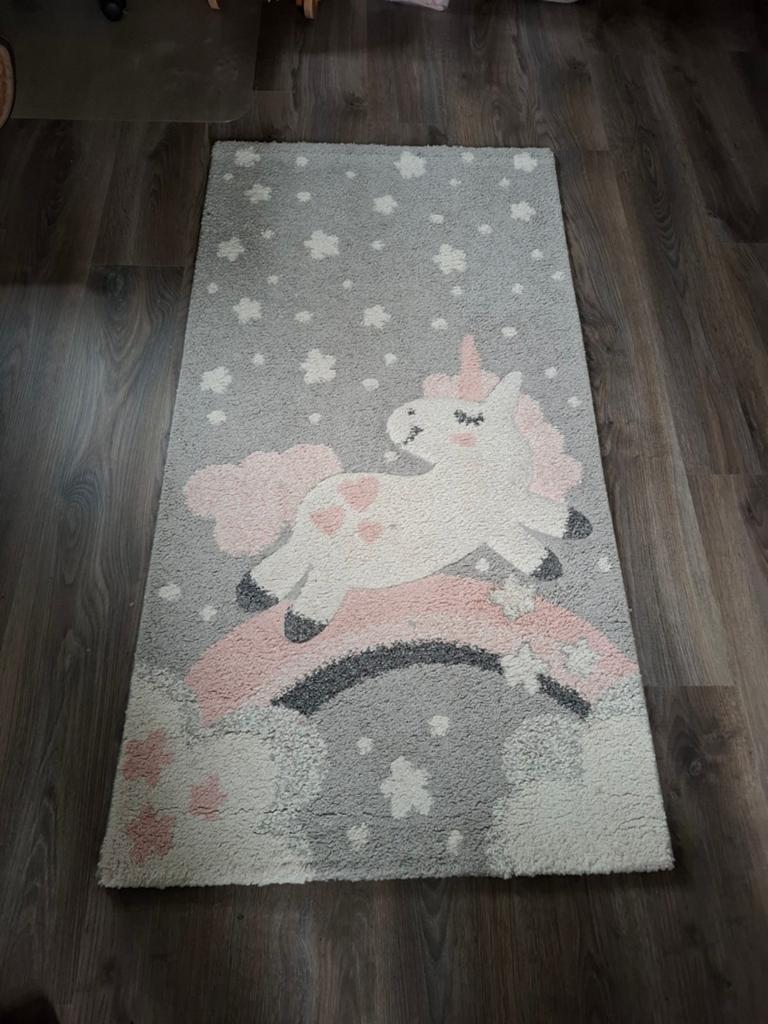 Eenhoorn vloerkleed voor kinderkamer, 100 tot 150 cm, Grijs, Zo goed als nieuw, Rechthoekig