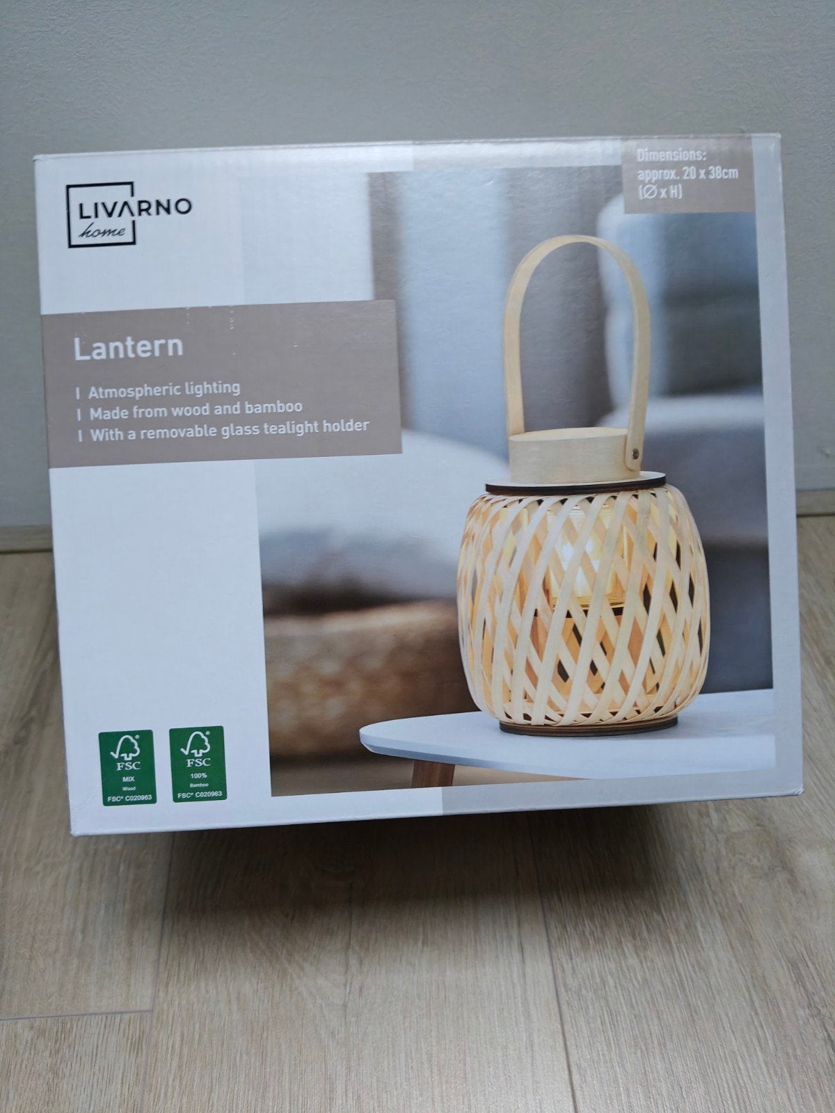 LIVARNO home Bamboe Lantaarn met Glazen Theelichthouder, 25 tot 50 cm, Beige, Nieuw, Ophalen of Verzenden