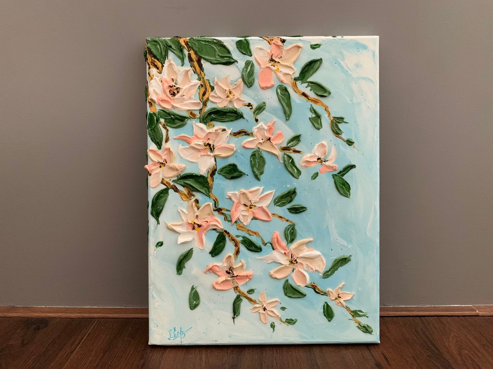 Magnolia schilderij 40  30 cm Acryl Gelakt Handgemaakt, Antiek en Kunst, Ophalen of Verzenden