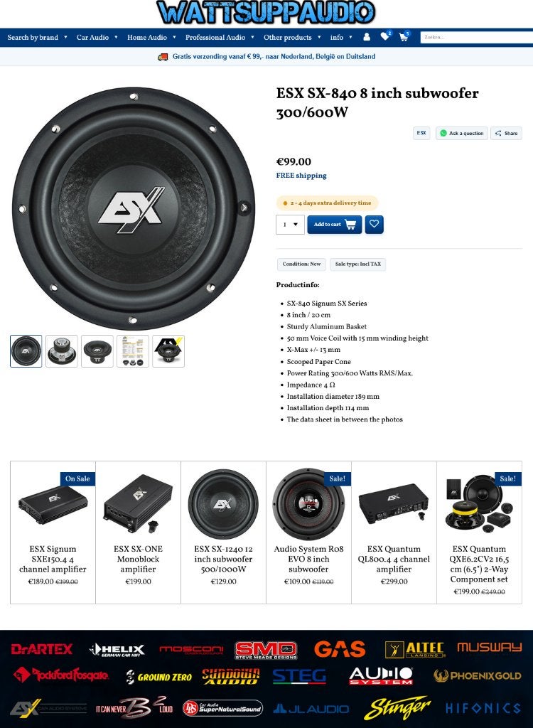 ESX SX-840 8 inch subwoofer 300/600W 20 cm, Audio Design, Nieuw, Am Breilingsweg 3, 76709 Kronau, Duitsland, Ophalen of Verzenden