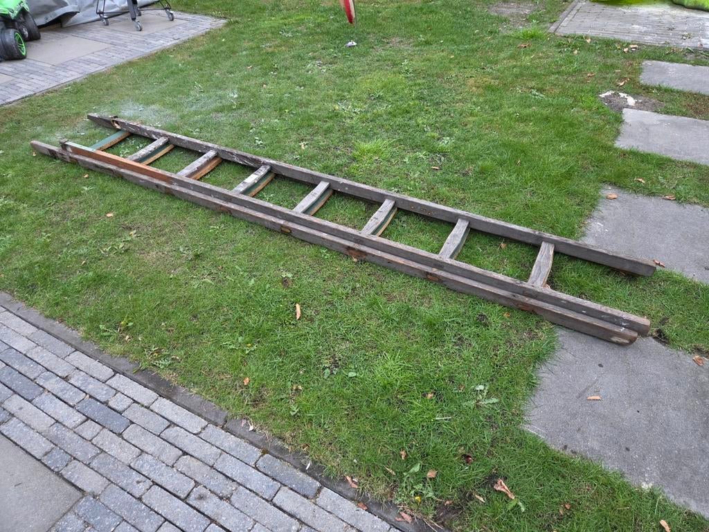 Houten uitschuifladder 5 meter, Ophalen, Gebruikt, Ladder, Opvouwbaar of Inschuifbaar