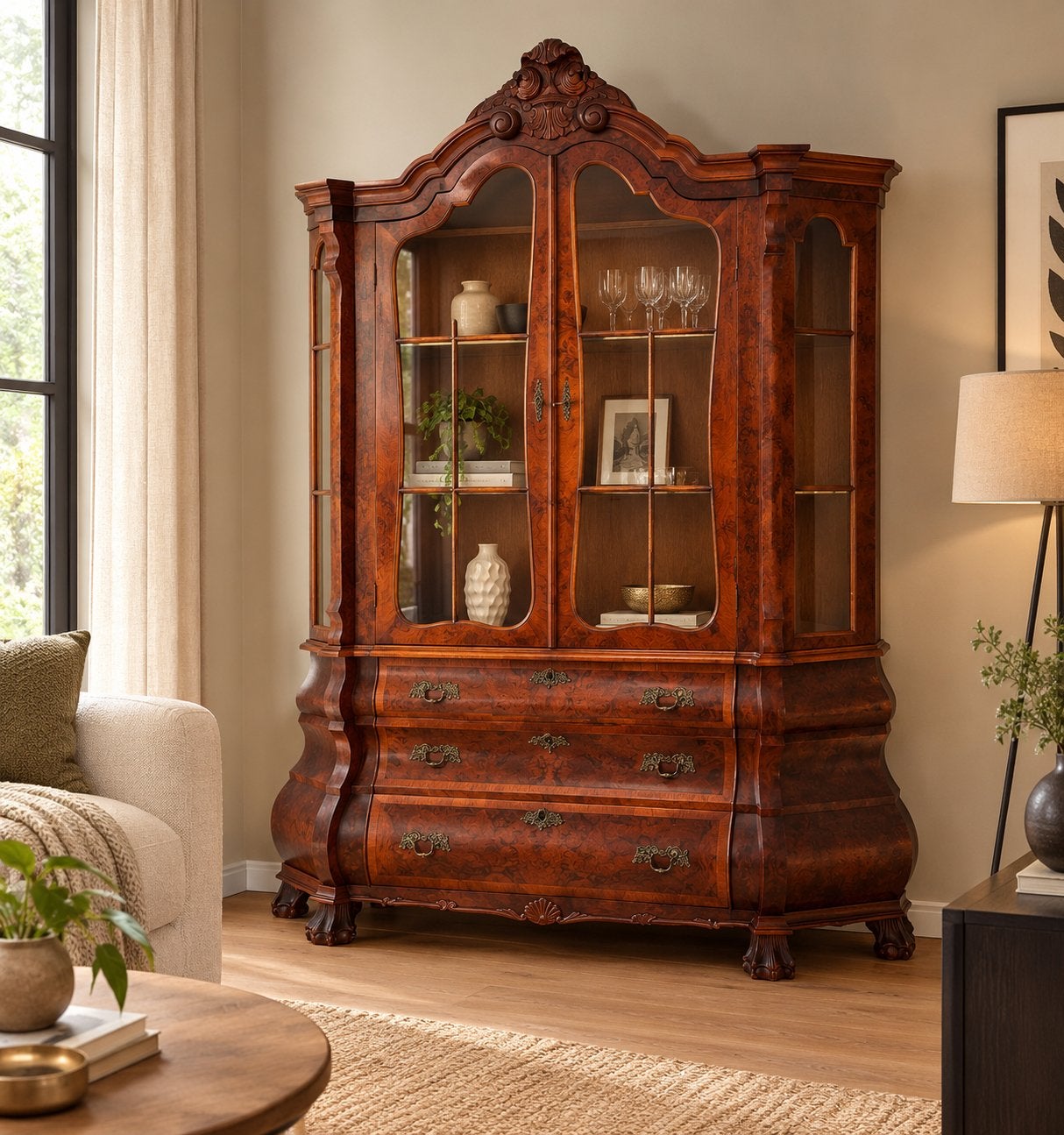 Vitrinekast wortelnoten Louis XV-stijl bombé model IN MIERLO, Antiek en Kunst, Ophalen