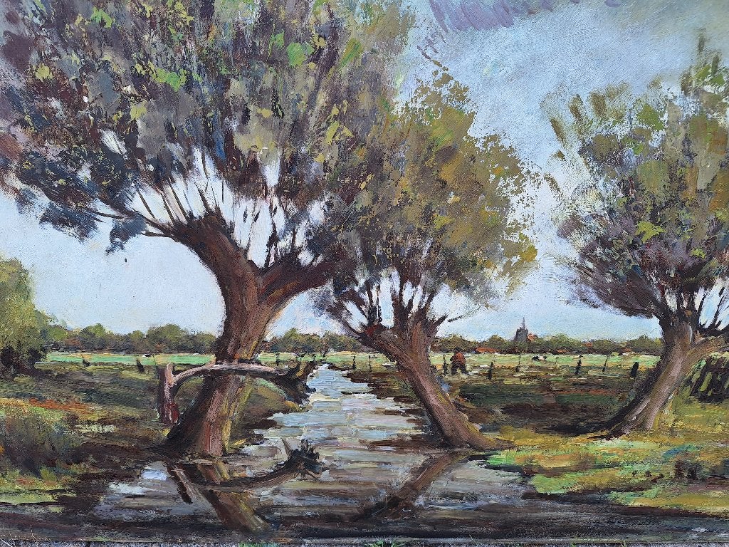 Landschap met knotwilgen en water Charls Varin Zeeland, Ophalen, Doek, Realistisch, Landschap