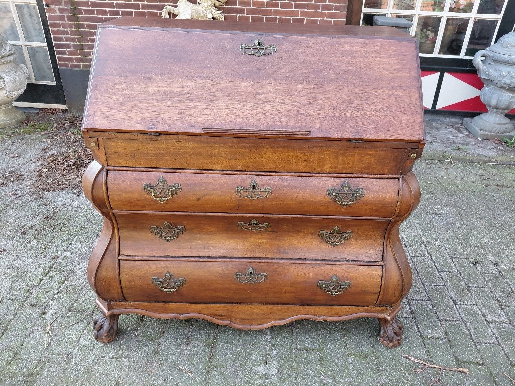 Antieke eiken Hollandse gebogen buiksecretaire, 18e eeuw., Ophalen