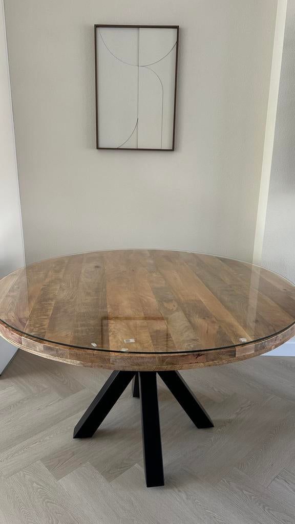 Mangohouten Eettafel Madison Rond 130 cm met glasplaat, Ophalen, Gebruikt, 100 tot 150 cm, Rond