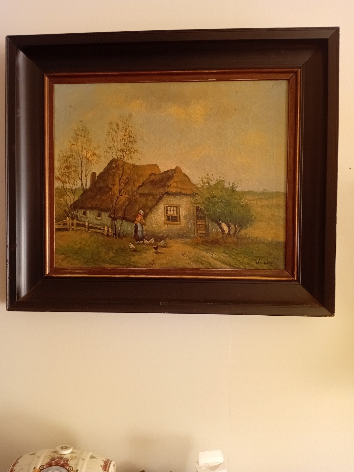 Olieverfschilderij: Boerderij met vrouw en kippen, Ophalen