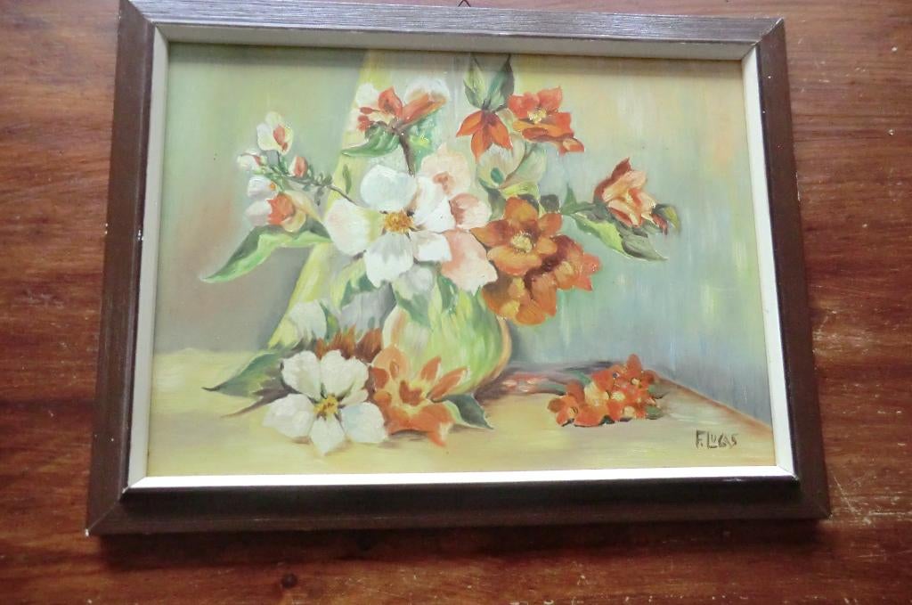 schilderij - van een vaas met bloemen - F. Lucas, Antiek en Kunst, Ophalen