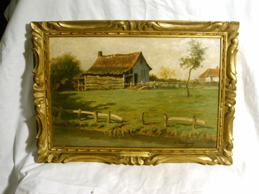 Schilderij van schuur in weiland van Charles Tschaggeny, Paneel, Ophalen of Verzenden, Landschap, Olieverf