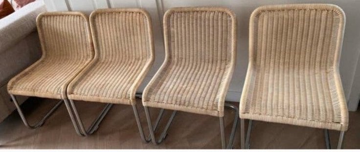 Set van 4 eetkamerstoele A.Lorenz  Tecta in chroom en rotan., Huis en Inrichting, Stoelen, Zo goed als nieuw, Vier, Metaal, Bruin