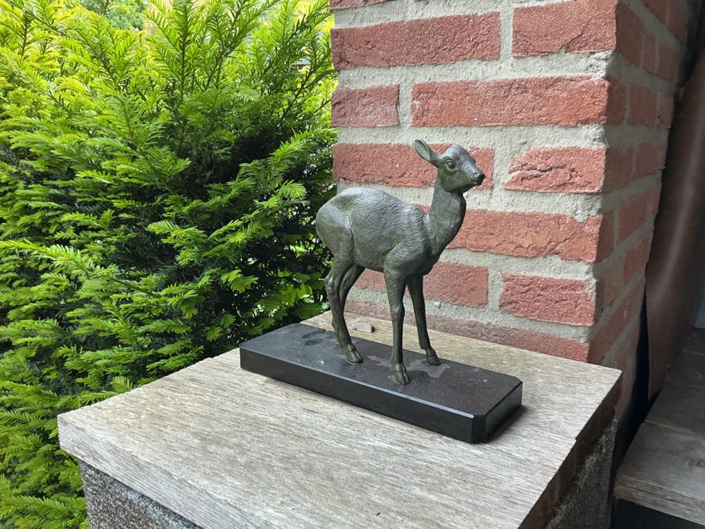 Bronzen beeldje van een ree op sokkel, Minder dan 20 cm, Ophalen of Verzenden, Beeld, Bruin