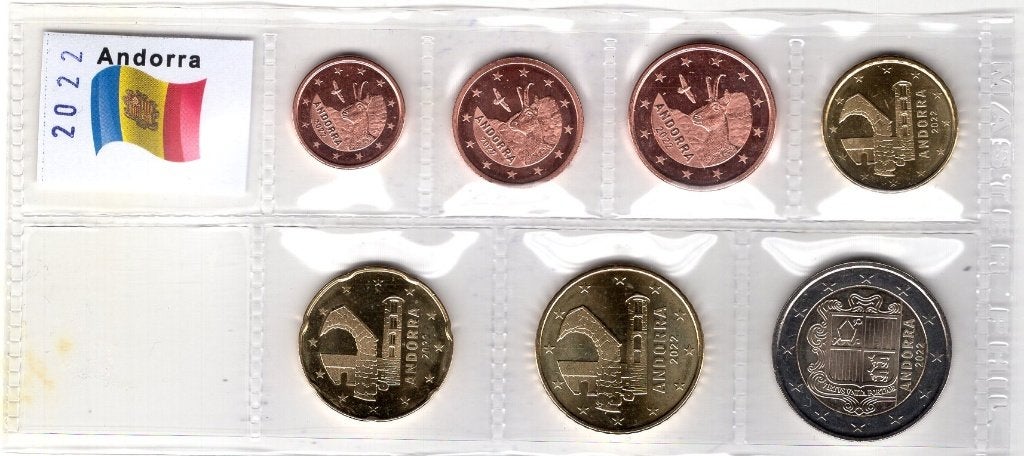 UNC set Andorra 2022 1 t/m 50 eurocent + 2 euro - (7 Munten), Verzenden, Overige landen, Overige waardes, Setje